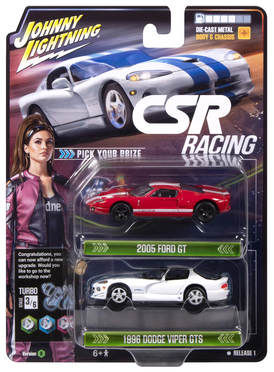 Johnny Lightning 1:64 CSR Racing Twin Pack – 1996 Dodge Viper GTS & 2005 Ford GT – JLPK025-1B-1