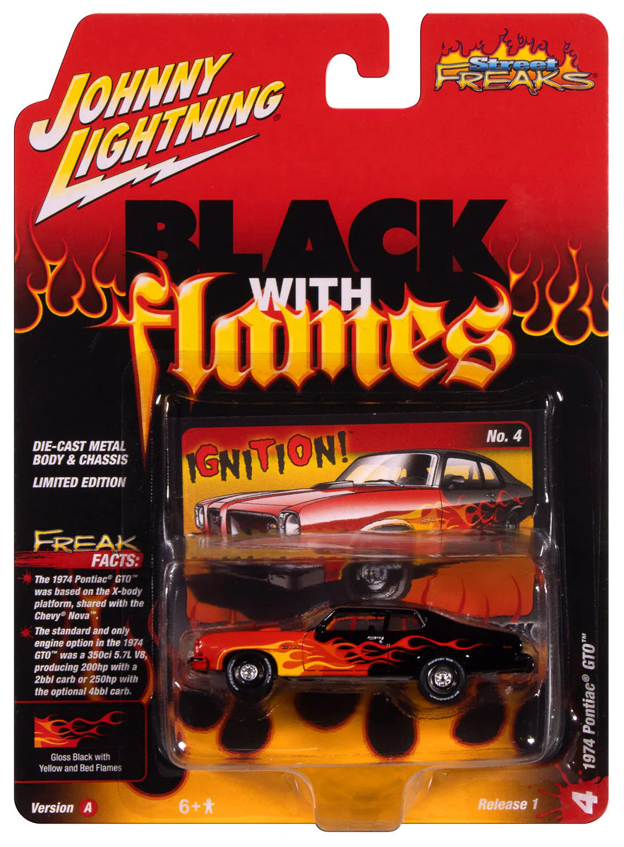 Johnny Lightning- 1974 Pontiac GTO (Black, Red, Orange/Yellow - Black Flames) JLSP405A