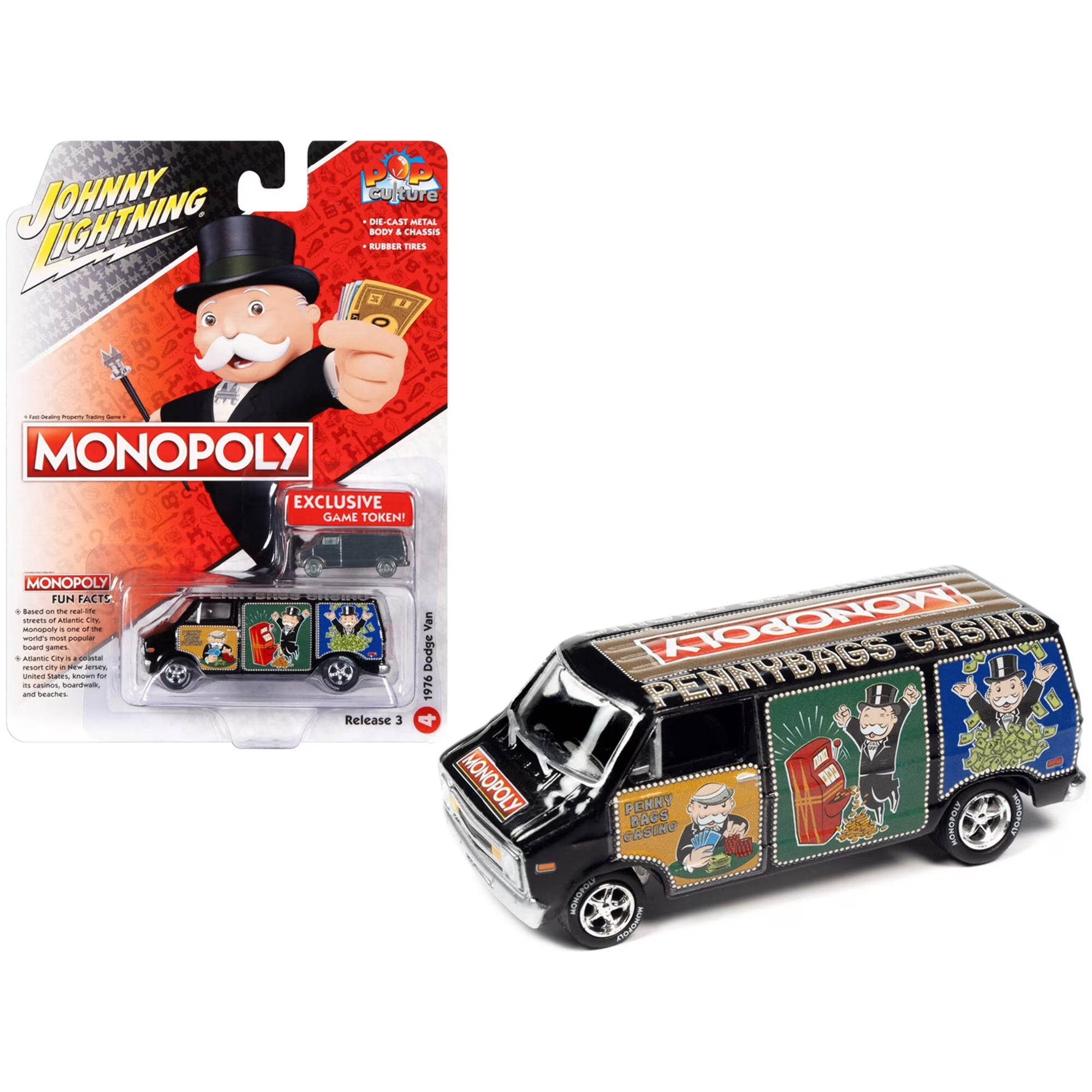 Johnny Lightning Pop Culture Release 3 Monopoly 1976 Dodge Van – Pennybags Casino – Noir avec jeton Dodge Van – JLPC008-JLSP272