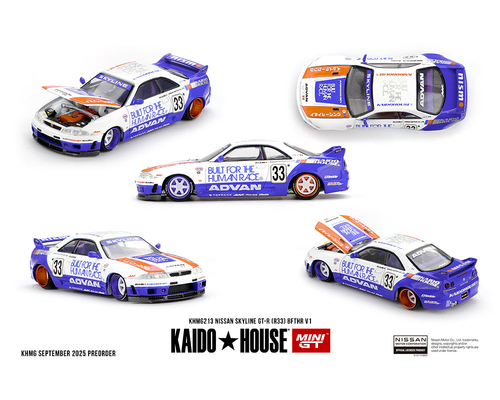 Kaido House x Mini GT -Nissan Skyline GT-R (R33) BFTHR V1 – White w/ Blue Two-tone KHMG213