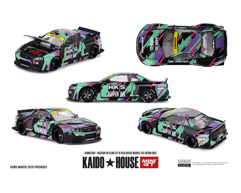 (PRE-ORDER 2026) Kaido House x Mini GT-Nissan Skyline GT-R R34 Kaido Works (V2 Aero) HKS (KHMG280)