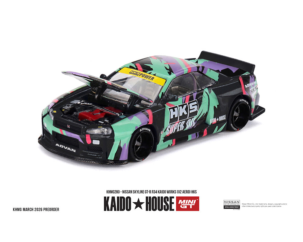 (PRE-ORDER 2026) Kaido House x Mini GT-Nissan Skyline GT-R R34 Kaido Works (V2 Aero) HKS (KHMG280)