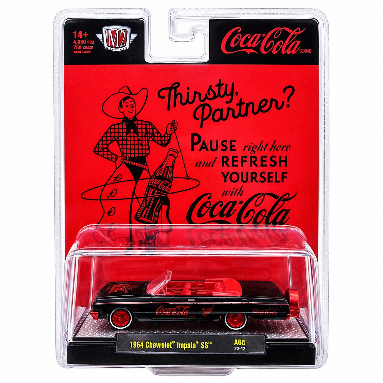 CHASE CAR – M2 Machines 1:64 Coca-Cola 1964 Chevrolet Impala SS – Black & Red – Red Chrome Wheels – 52500-A65-A-CHASE