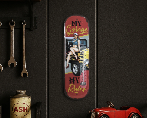 Thermomètre vintage « My Garage My Rules » - Enseigne métallique pour intérieur et extérieur