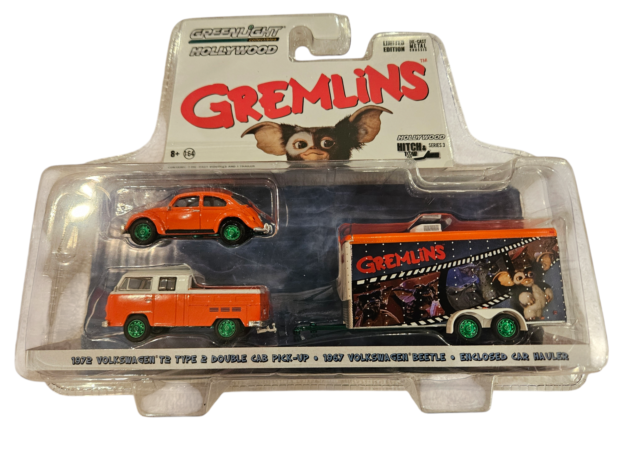 CHASE GREEN MACHINE-Gremlins Volkswagen T2 Type 2 Double Cab with 1967 Volkswagen Beetle in Enclosed Car Hauler (Hitch and Tow Series 3)