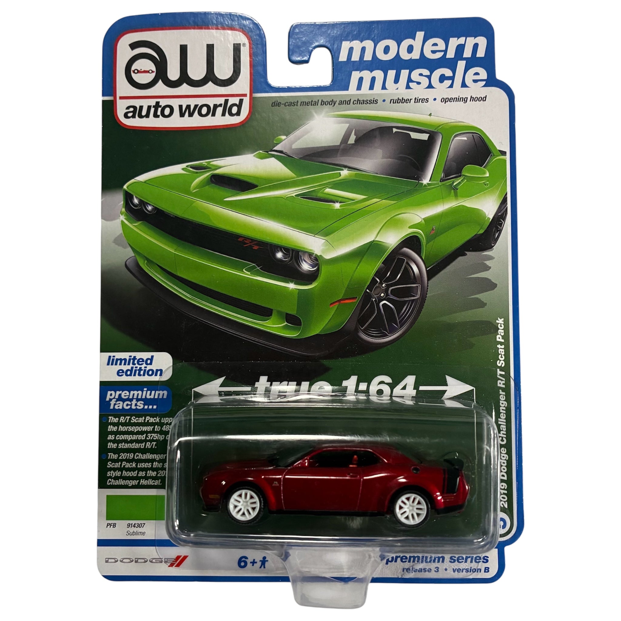 CHASE CAR 2019 Dodge Challenger R/T Scat Pack Auto World Modern Muscle 1:64 - AW64372-3B-DODGE-CHASE