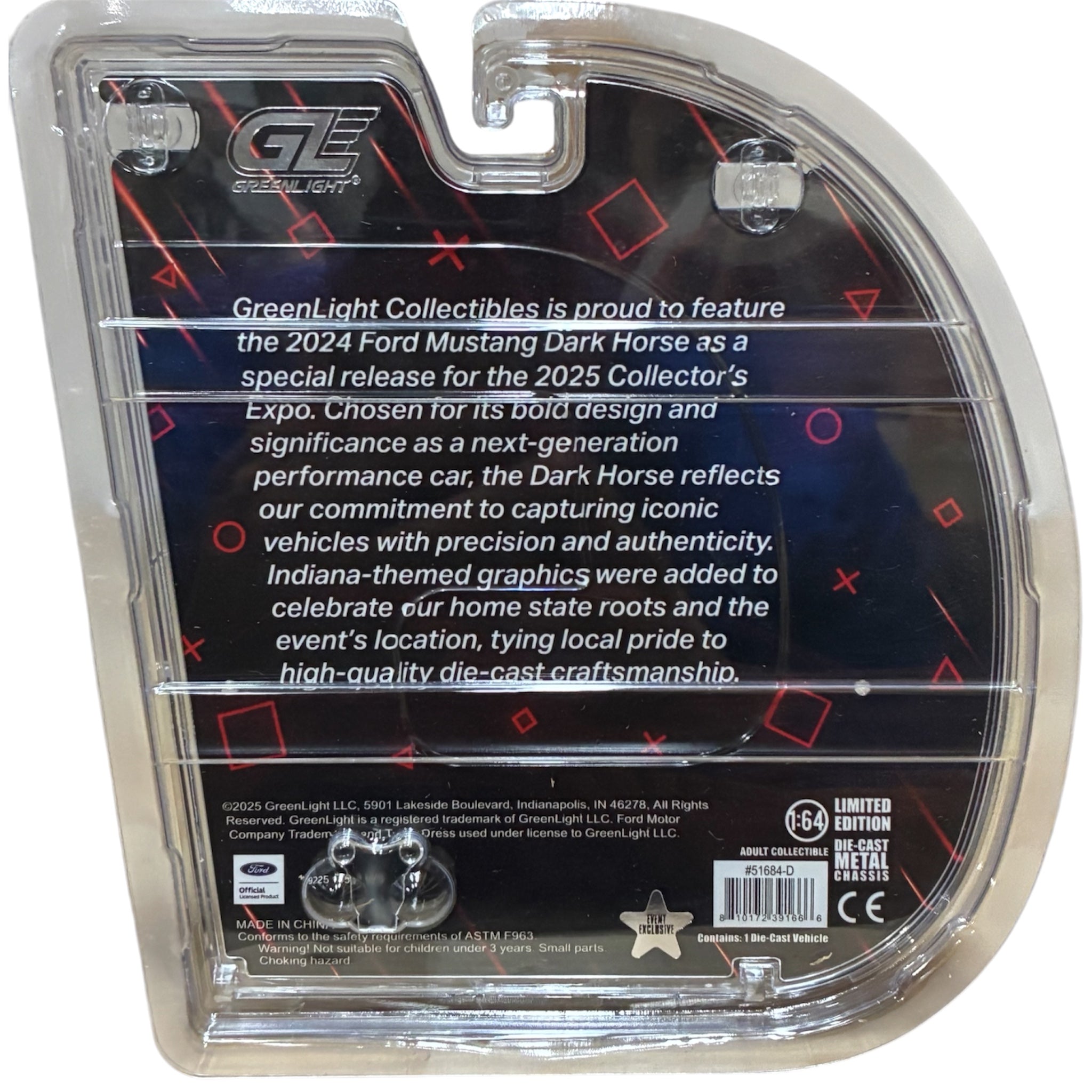 GreenLight Waltersons Product Expo Exclusif 1:64 Ford Mustang Dark Horse 2024 Rouge avec Bande Indiana GL51684-D