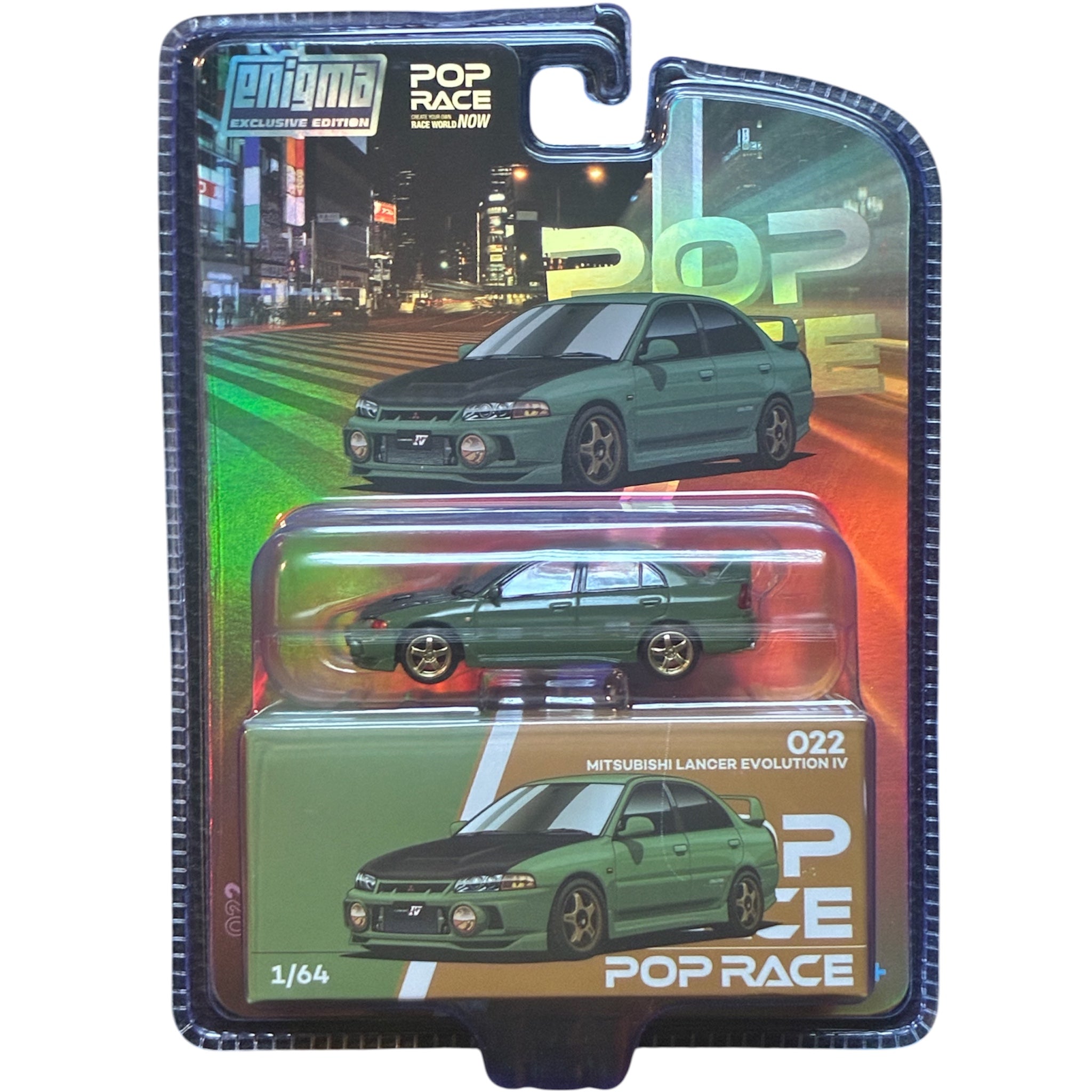 CHASE CAR POP RACE x Enigma 1:64 Mitsubishi Lancer Evolution IV – Vert – Capot carbone – PRE022-CHASE