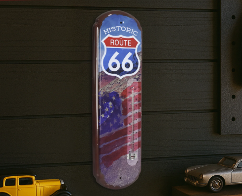 Thermomètre vintage Route 66 - Enseigne murale en métal pour intérieur et extérieur