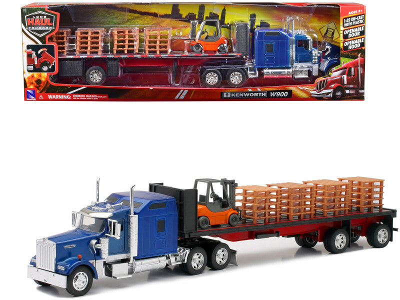 Kenworth W900 avec remorque plateau, chariot élévateur et palettes
