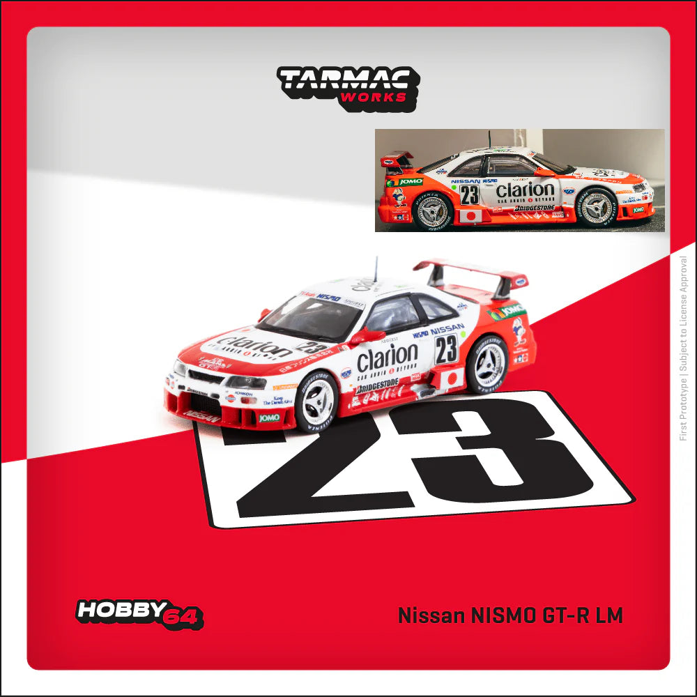 (PRE-ORDER 2025) Tarmac Works 1:64, Nissan NISMO GT-R LM 24h of Le Mans 1995 Presentation K. Hoshino / T. Suzuki / M. Kageyama