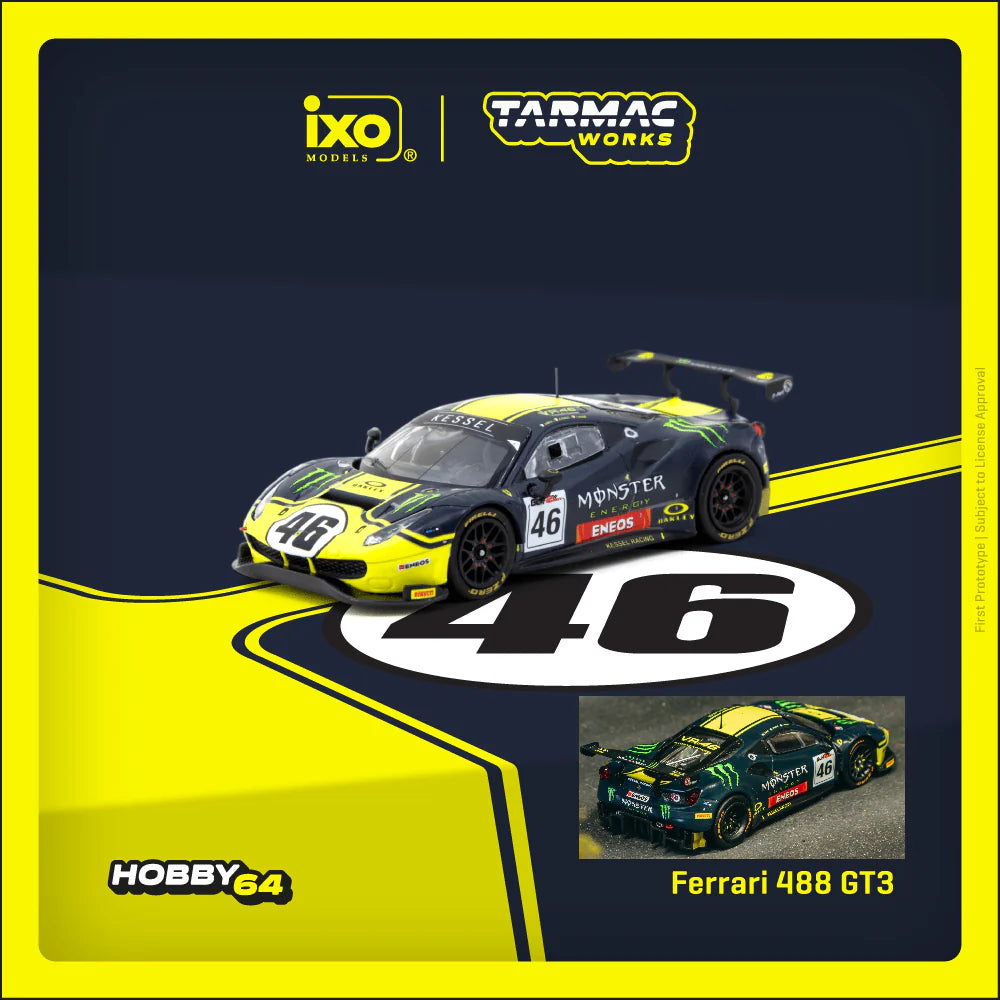 (PRE-ORDER 2025) Tarmac Works 1:64, Ferrari 488 GT3 Gulf 12 Hours 2019 V. Rossi / A. Salucci / L. Marini T64-072-19GUF46