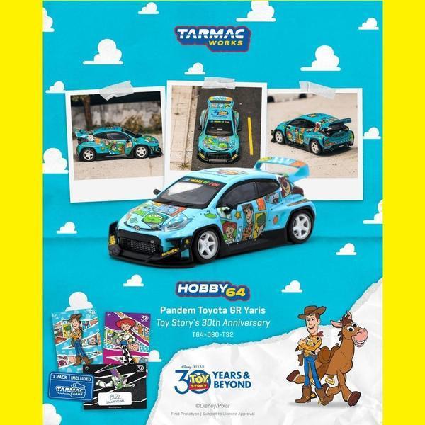 Tarmac Works HOBBY64 1:64 Pandem Toyota GR Yaris Toy Story - 30th Anniversary Model Car + Trading Cards Combo Set T64-080-TS2