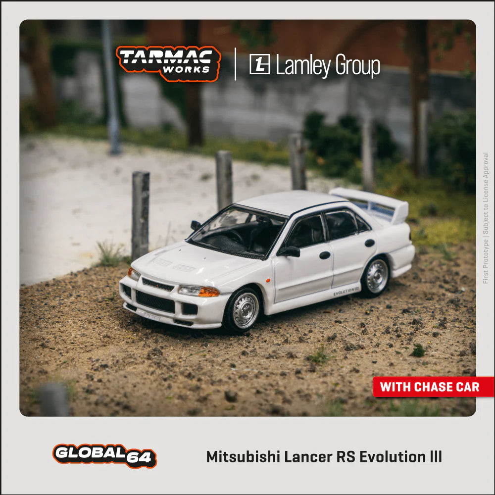 (PRE-ORDER 2025) Tarmac Works 1:64, Mitsubishi Lancer RS Evolution III White Lamley Special Edition