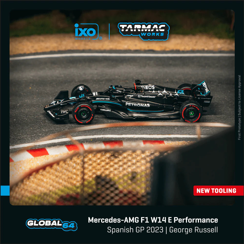 (PRE-ORDER 2025) Tarmac Works 1:64, Mercedes-AMG F1 W14 E Performance Spanish Grand Prix 2023 George Russell T64G-F064-GR1