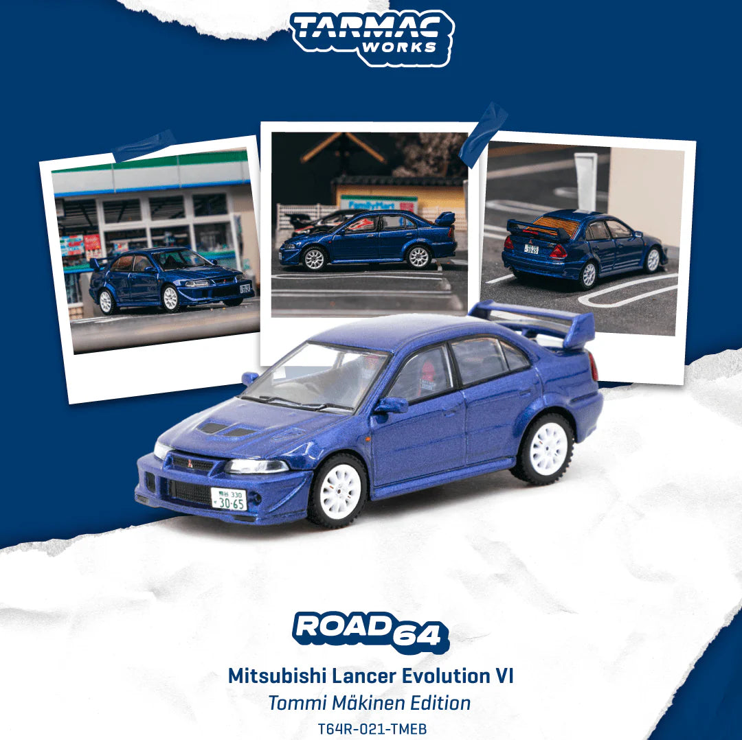 Tarmac Works Road64 1:64 Mitsubishi Lancer Evolution VI Tommi Mäkinen Edition Blue – T64R-021-TMEB