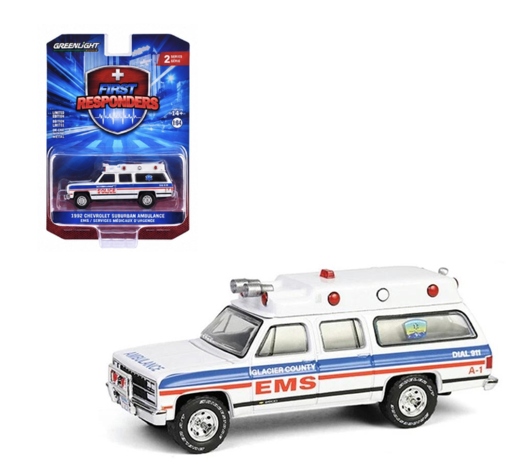 GreenLight 1:64 First Responders Series 2 – Glacier County EMS – 1991 Chevrolet Suburban Ambulance – GL67060-B