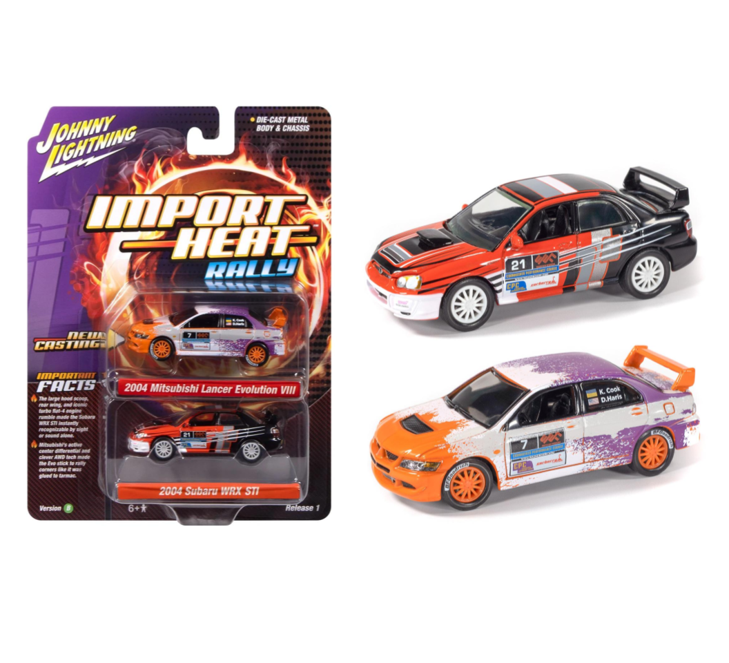 Johnny Lightning 1:64 Import Heat Rally Twin Pack – 2004 Subaru WRX STI & 2004 Mitsubishi Lancer Evolution – JLPK025-1B-2