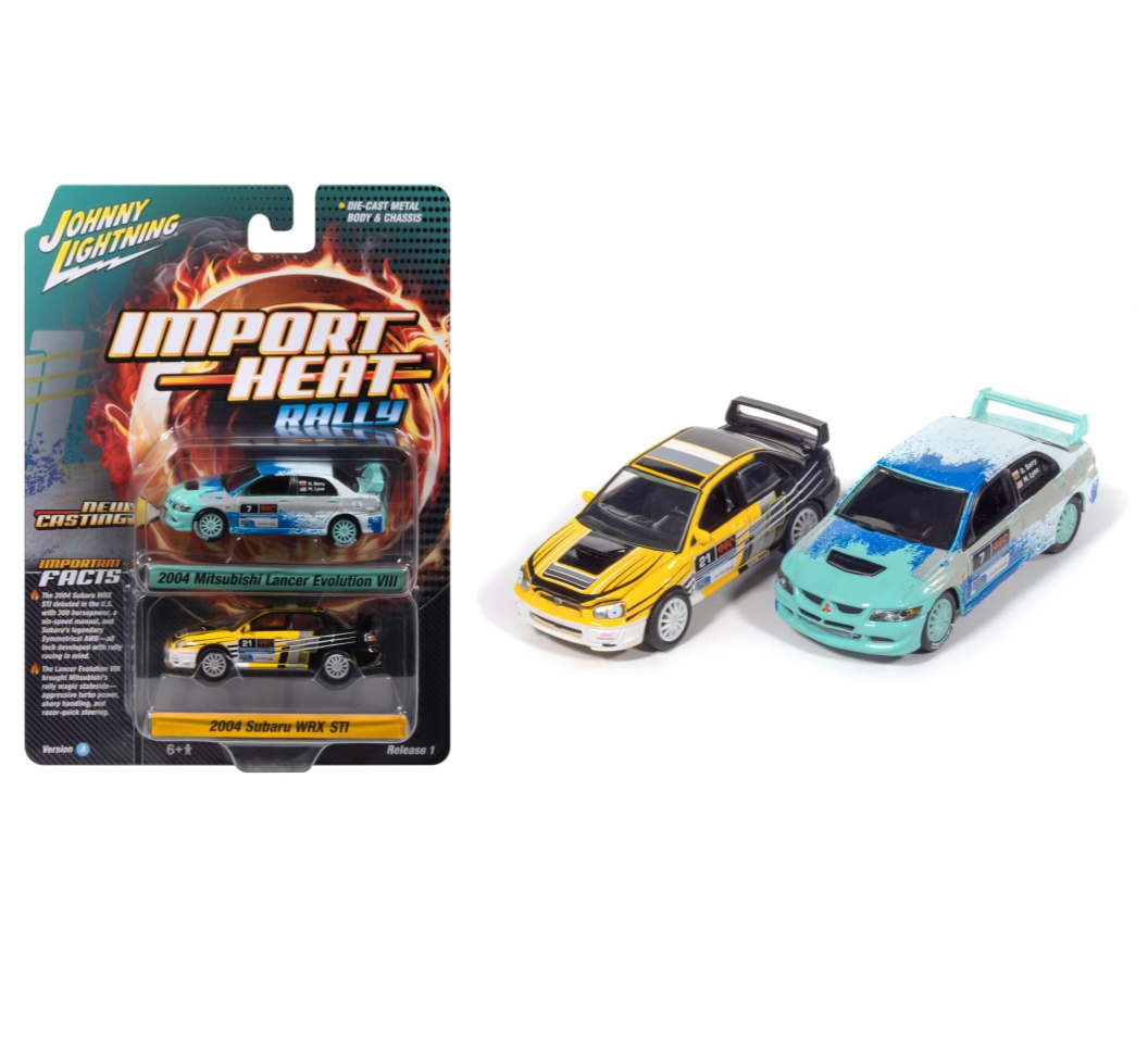 Johnny Lightning 1:64 Import Heat Rally Twin Pack – 2004 Subaru WRX STI & 2004 Mitsubishi Lancer Evolution – JLPK025-1A-2