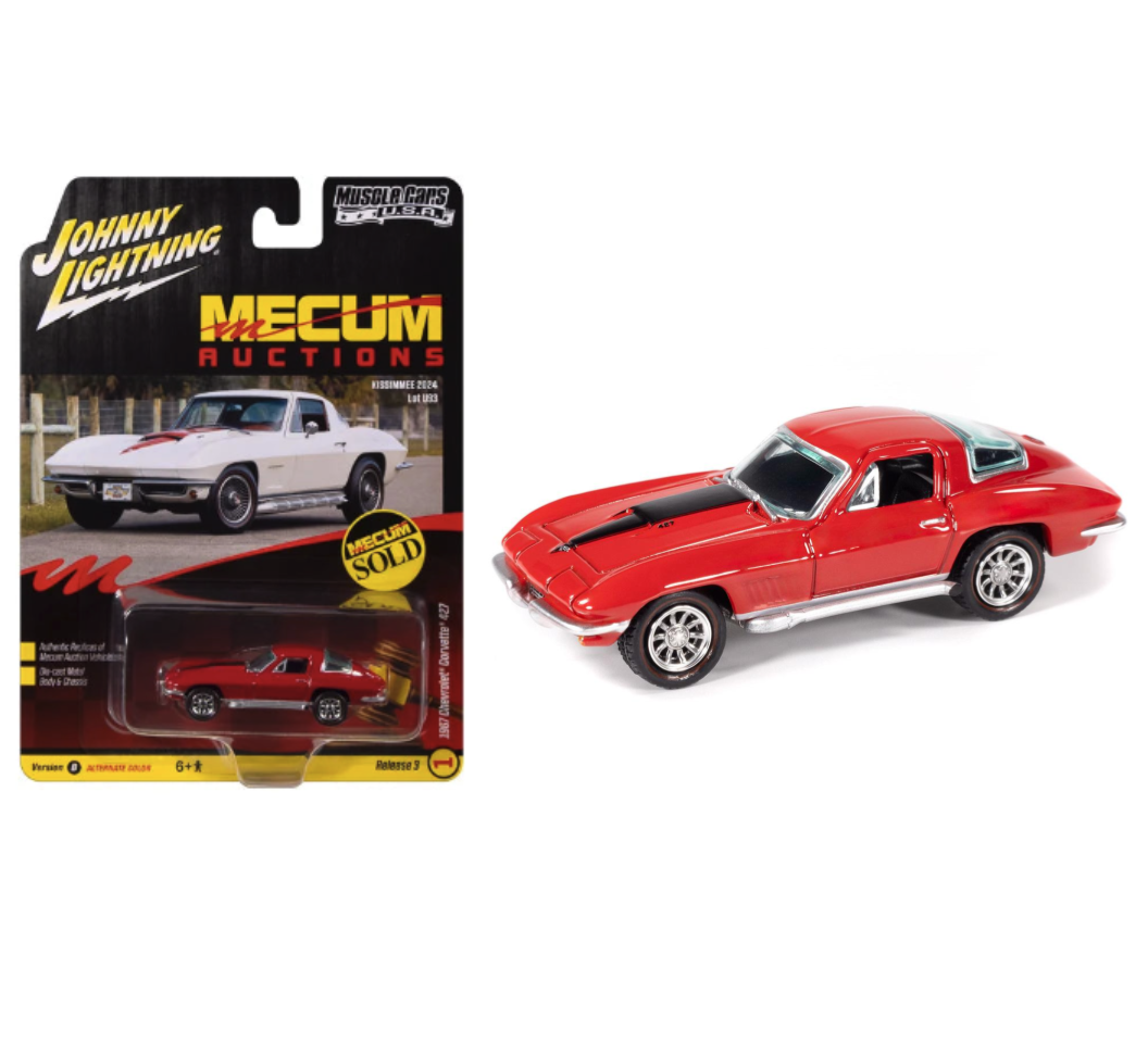 Johnny Lightning 1:64 Muscle Cars USA 1967 Chevrolet Corvette 427 – Rally Red with Black Stripe – Mecum Auctions – JLMC035-3B-1