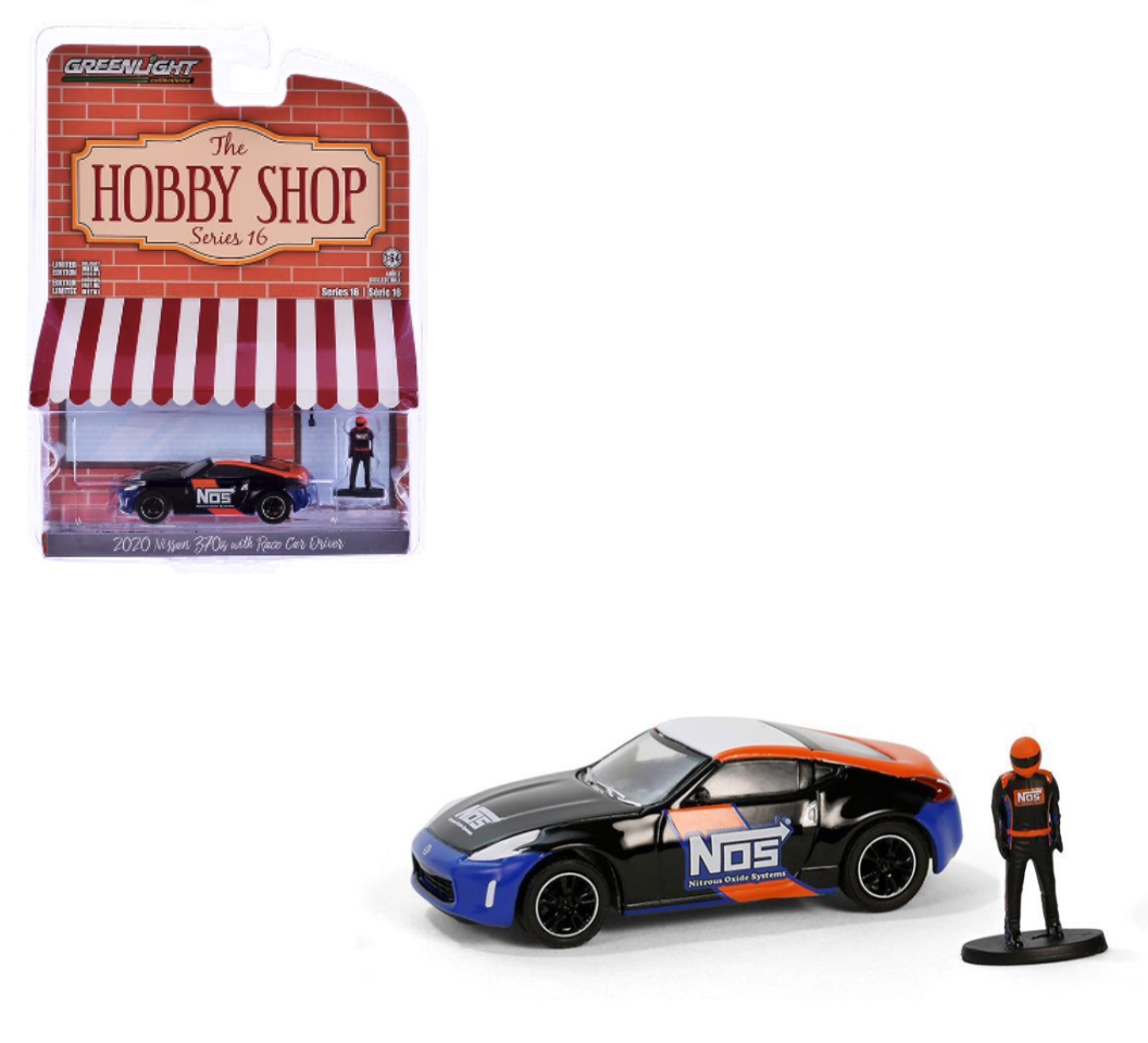 GreenLight 1:64 The Hobby Shop Série 16 – Nissan 370Z 2020 avec figurine de pilote de course – NOS Nitrous Oxide Systems – GL97160-F
