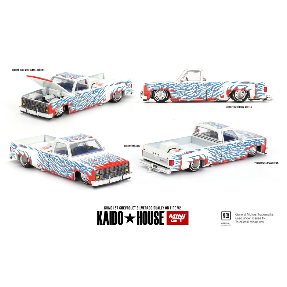 Kaido House x Mini GT - Chevrolet Silverado Dually on Fire V2 (KHMG157) LAST ONE OPEN BOX