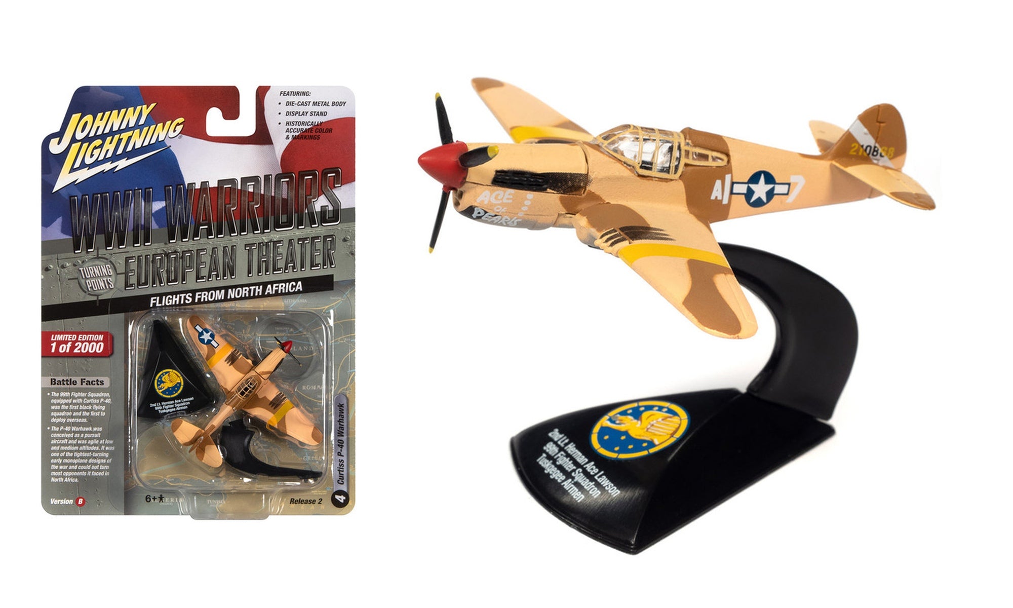 Avion de chasse Curtiss P-40 Warhawk « Vols depuis l’Afrique du Nord » – Johnny Lightning WWII Warriors European Theater (JLML008-2B-D)