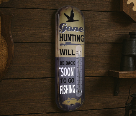Thermomètre vintage « Gone Hunting » - Enseigne rustique pour intérieur et extérieur