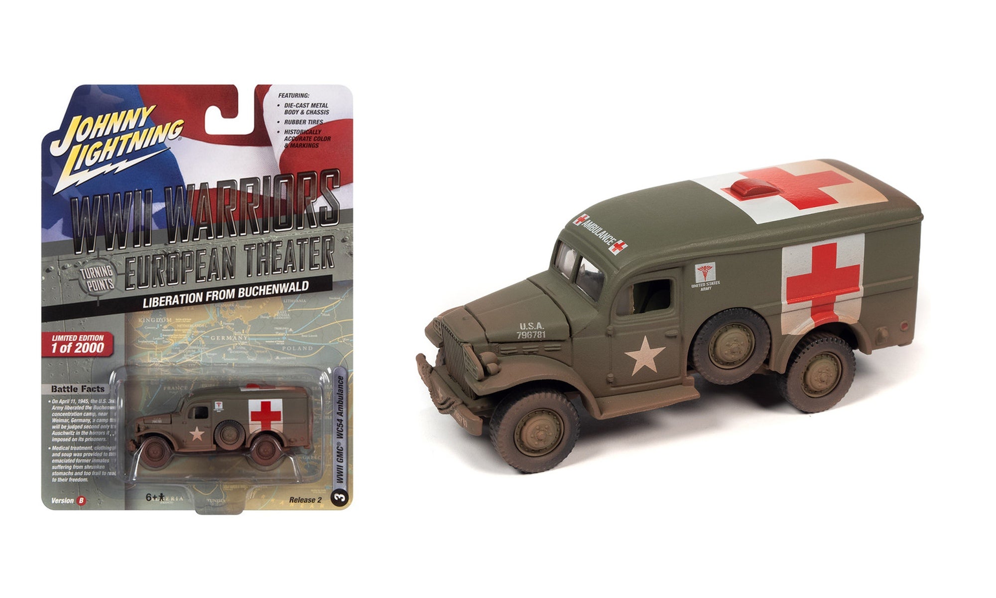 Ambulance GMC WC54 version sale « Libération de Buchenwald » – Johnny Lightning WWII Warriors European Theater (JLML008-2B-C)