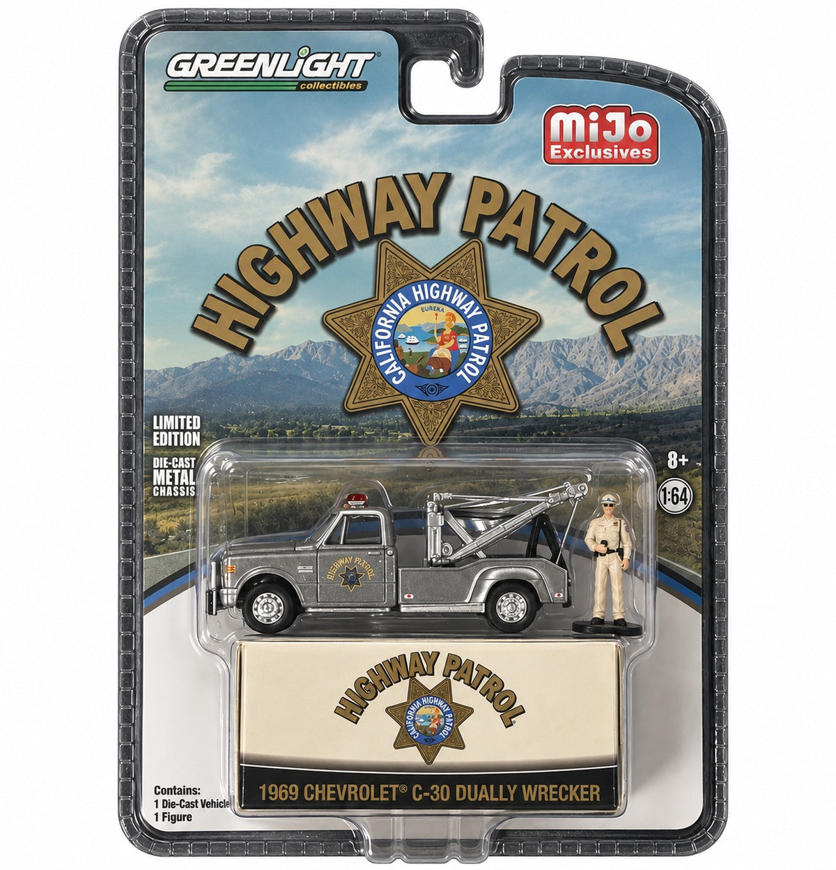CHASE CAR GreenLight MiJo Exclusives Highway Patrol 1:64 Chevrolet C-30 Dually Wrecker 1969 avec figurine – GL51423-CHASE