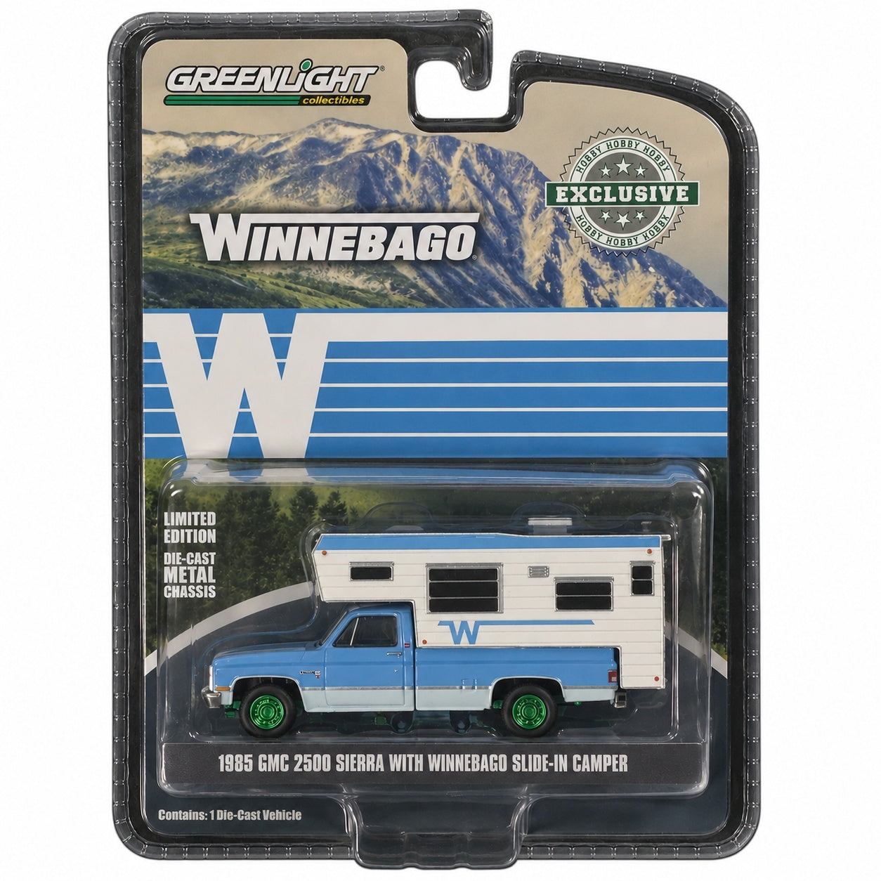 CHASE CAR GreenLight Hobby Exclusive 1:64 GMC 2500 Sierra 1985 avec Winnebago Slide-In Camper – Jantes vertes – GL30338-CHASE