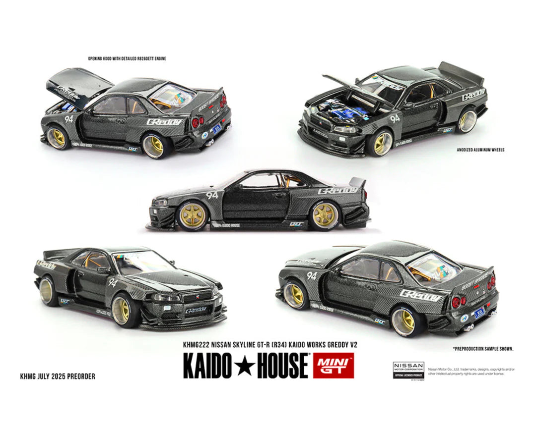 Kaido House 1/64 Nissan Skyline GT-R (R34) Kaido Works GReddy V2 – Black w/ Carbon KHMG222
