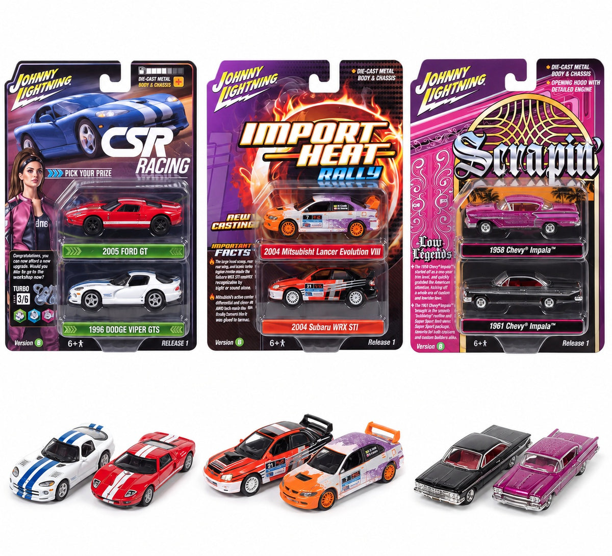 Johnny Lightning 1:64 CSR Racing Twin Pack – 1996 Dodge Viper GTS & 2005 Ford GT – JLPK025-1B-1