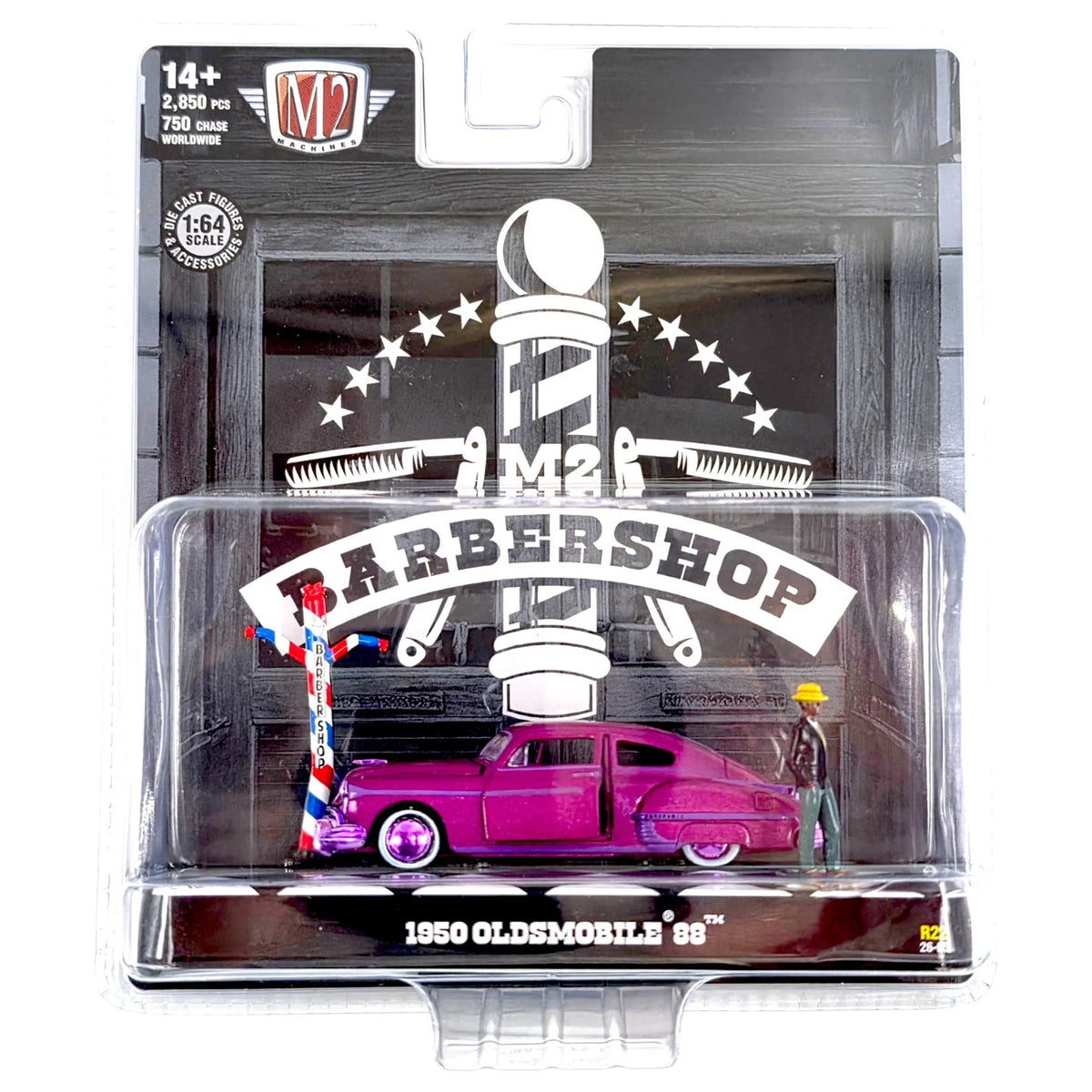 CHASE CAR M2 Machines 1:64 1950 Oldsmobile 88 – Purple Barbershop – Purple Wheels – Diorama Release 22 67500-22-A-CHASE