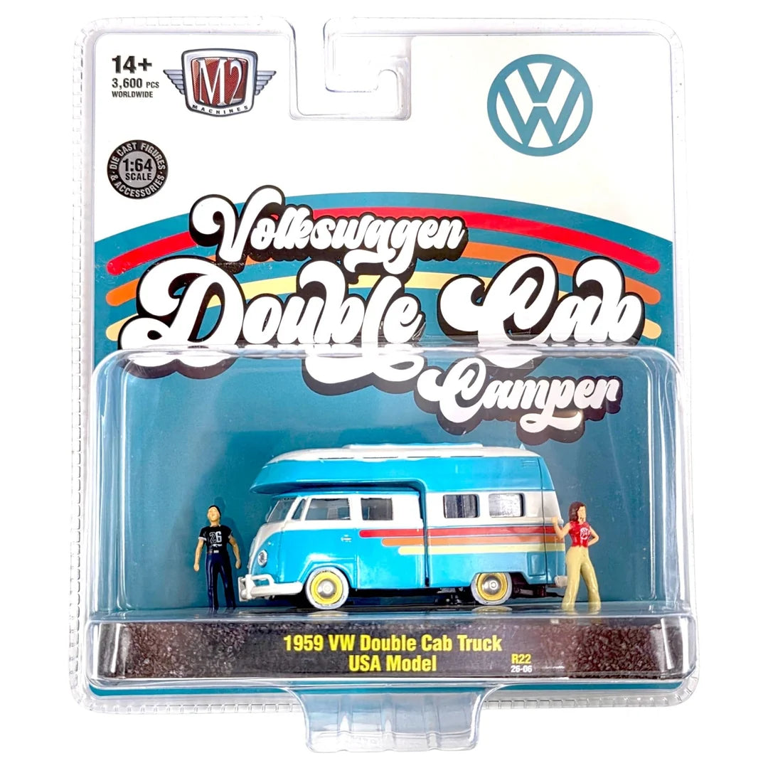 M2 Machines 1:64 1959 Volkswagen Double Cab Truck avec Camper Shell – USA Model – Diorama Release 22 67500-22-C