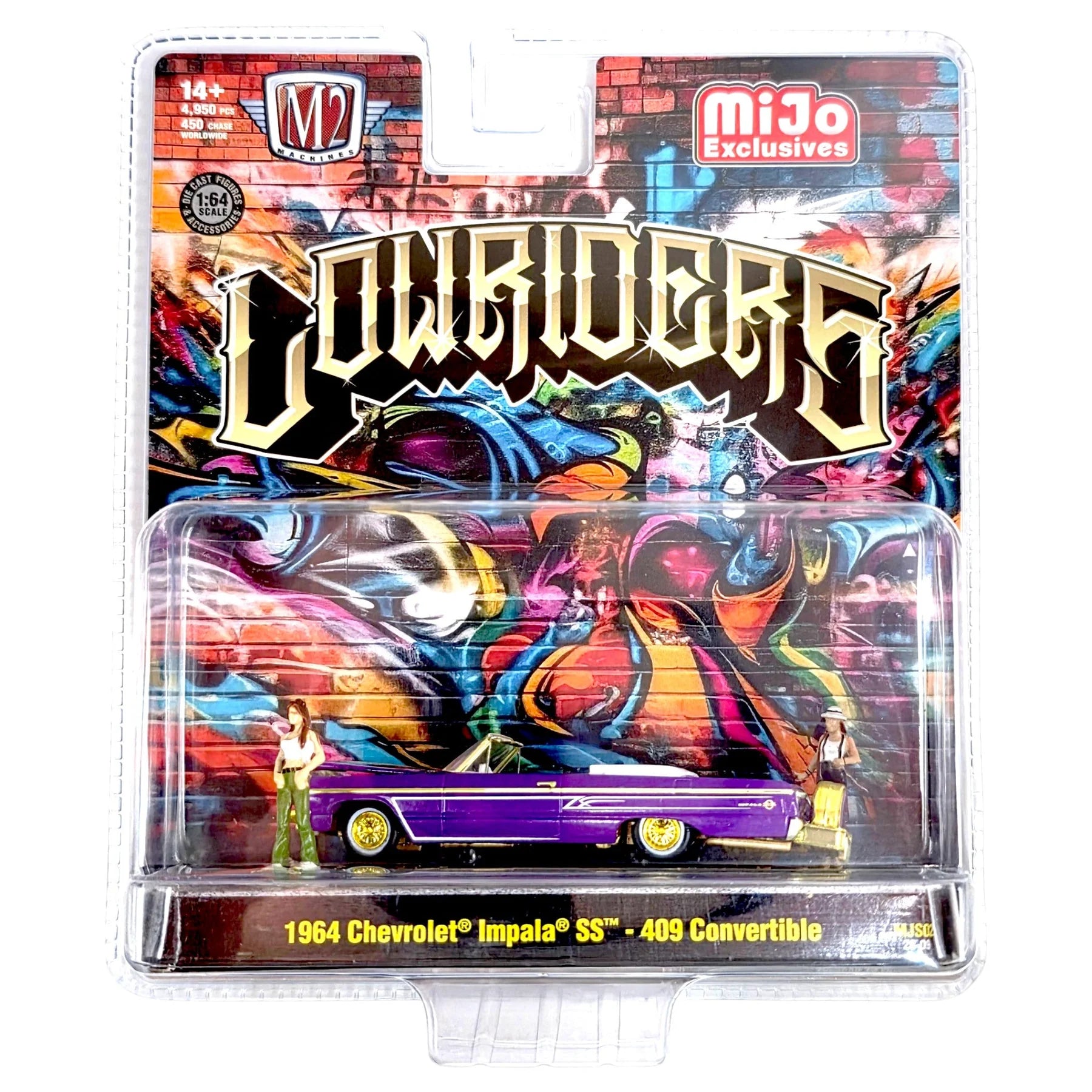 CHASE CAR – M2 Machines 1:64 Chevrolet Impala SS Convertible Lowrider 1964 – Violet métallisé avec 2 figurines – MiJo Exclusives – 67500-MJS02-CHASE