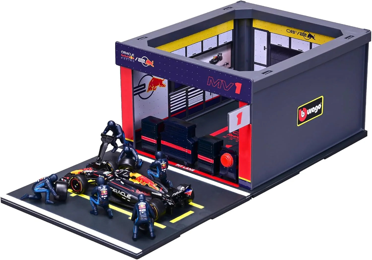 Bburago Diorama-1:43-2024 Formula Race Red Bull RB20 Pit Pass Paddock Set, Verstappen