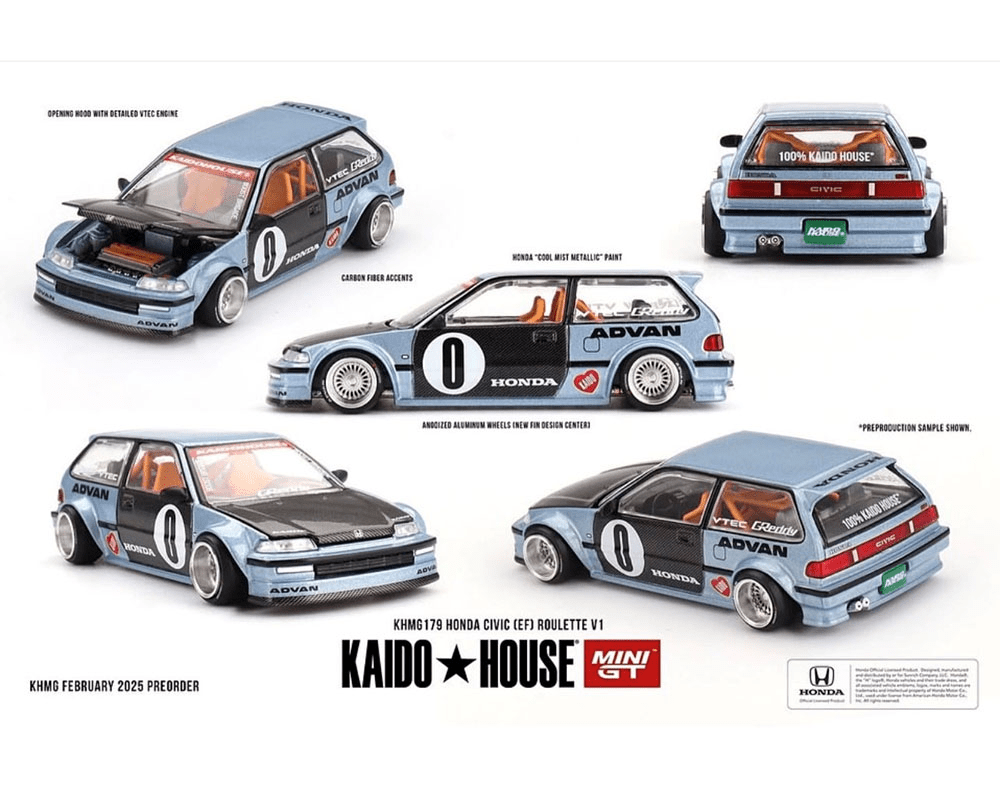 (PRE-ORDER, Q3, 2025)  Kaido House x Mini GT - Honda Civic (EF) Kaido Roulette V1- Light Blue (KHMG179) ***LIMITE DE 3 PAR CLIENT-LIMIT OF 3 PER CLIENT***