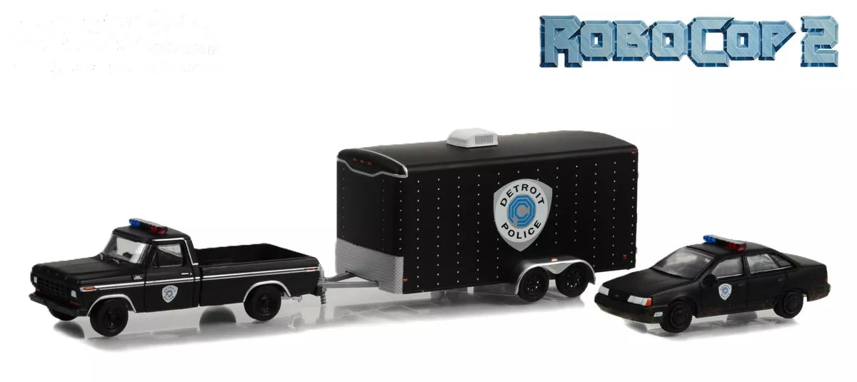 1979 Ford F-150 with 1986 Ford Taurus Detroit Metro West Police in Enclosed Car Hauler - RoboCop 2