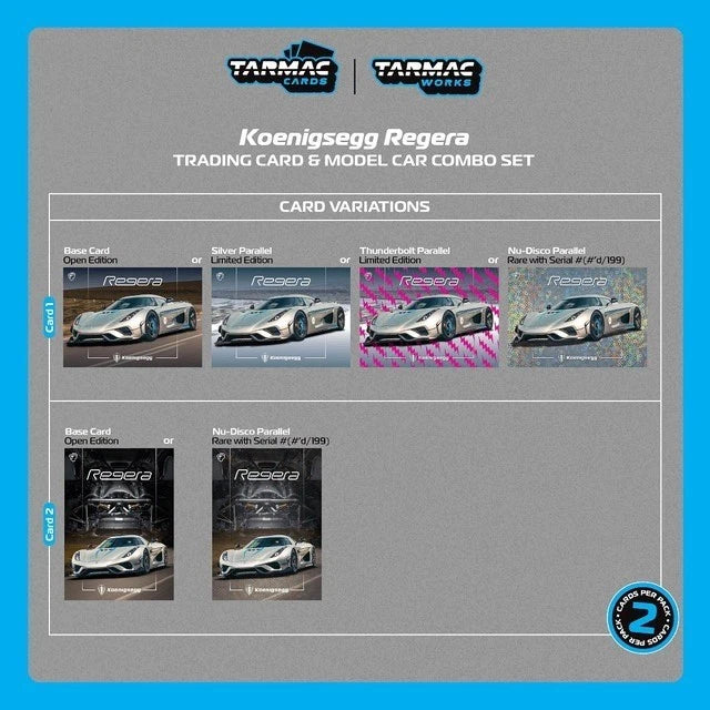 Tarmac Works Global64 1/64- Koenigsegg Regera Silver Metallic / Blue Accents Model Car + Trading Cards Combo Set T64G-TL017-SL