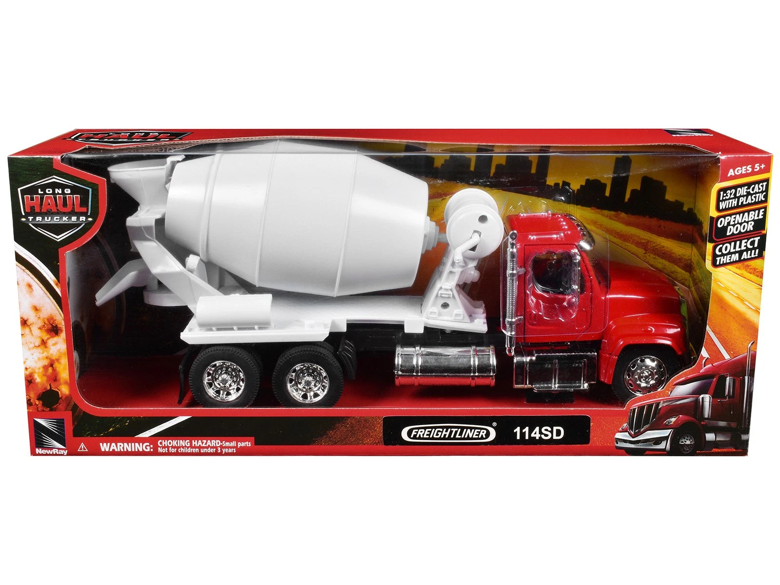 Mélangeur à ciment Freightliner 114SD rouge et blanc