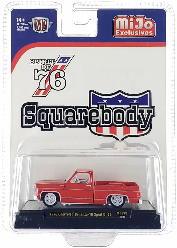 CHASE CAR – M2 Machines 1:64 1976 Chevrolet Silverado Bonanza-10 SPIRIT OF 76 Squarebody – Red – MiJo Exclusives – 31500-MJS98-CHASE