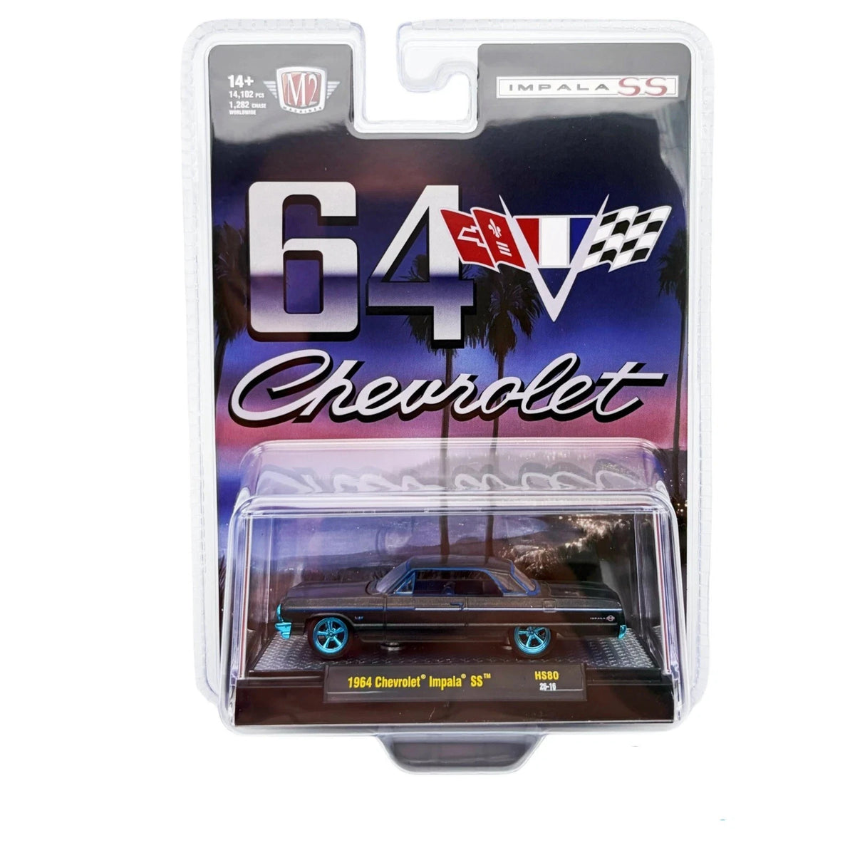 CHASE CAR M2 Machines 1:64 1964 Chevrolet Impala Hard Top – Daytona Blue Metallic – Blue Wheels & Blue Accents – 31500-HS80-CHASE