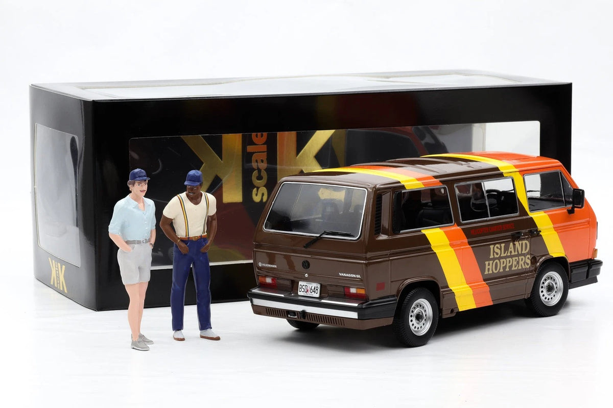 KK Scale 1:18 Magnum P.I. 1987 Volkswagen T3 Minibus Multivan Island Hoppers + Thomas & Theodore Calvin (T.C.) – 3-Piece Set – KKDC180993 / KKFIG031 / KKFIG055