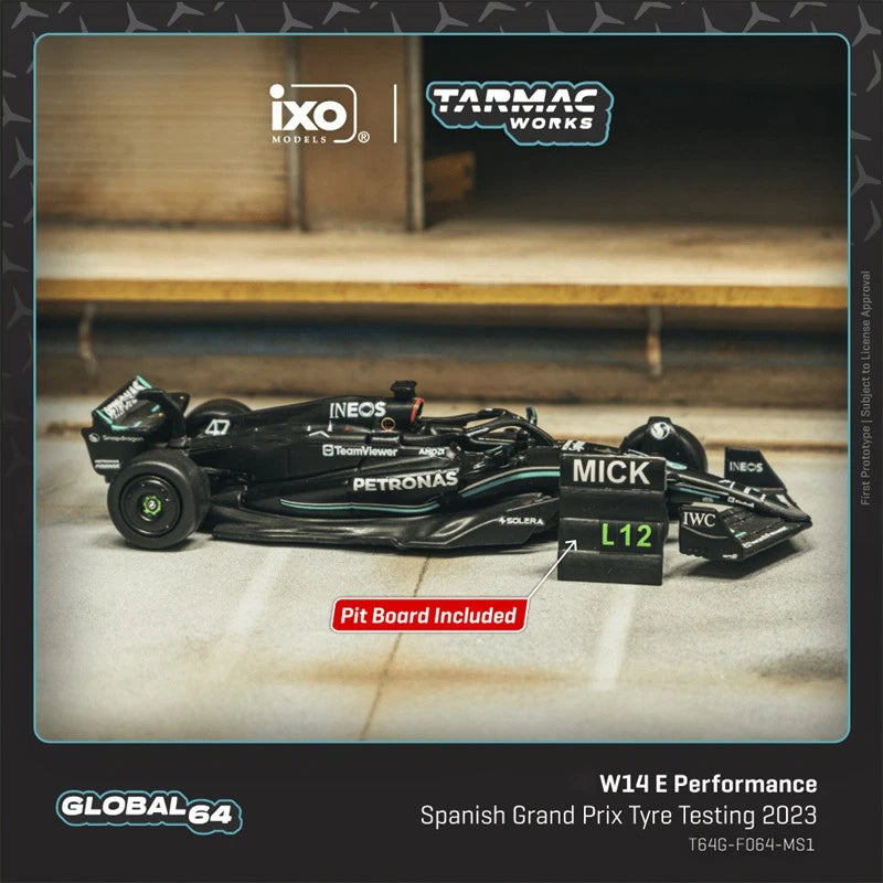 TARMAC WORKS GLOBAL64 1/64-Mercedes-AMG F1 W14 E Performance Spanish Grand Prix Tyre Testing 2023 Mick Schumacher