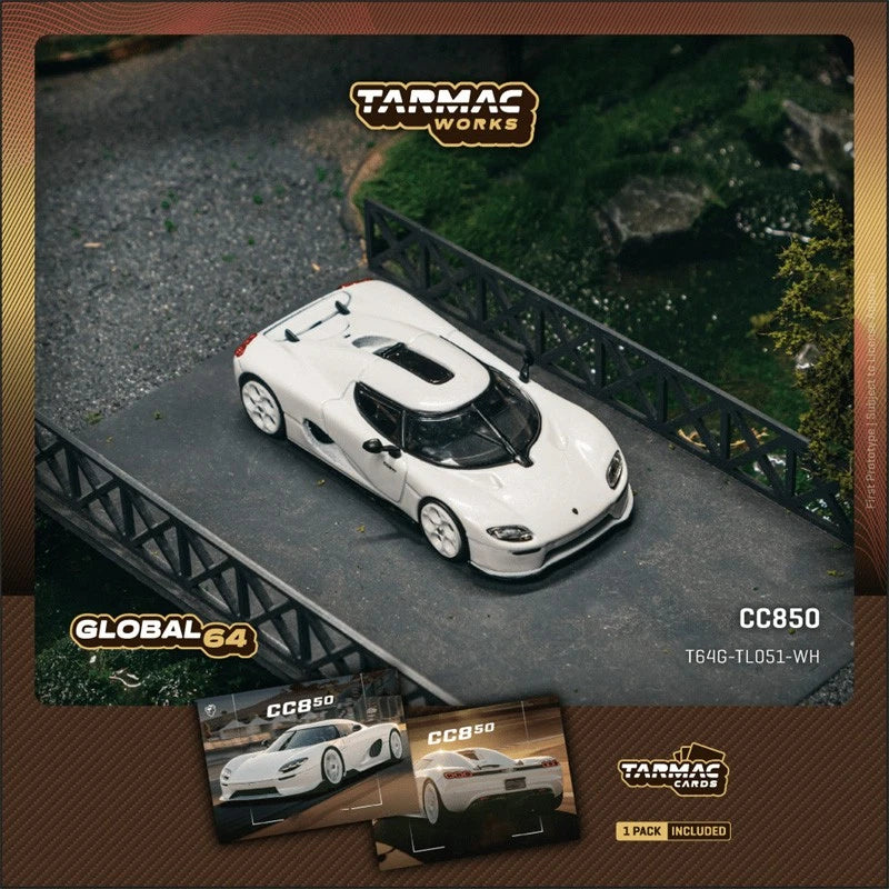 TARMAC WORKS GLOBAL64 1/64-Koenigsegg CC850 White Model Car + Trading Cards Combo Set T64G-TL051-WH