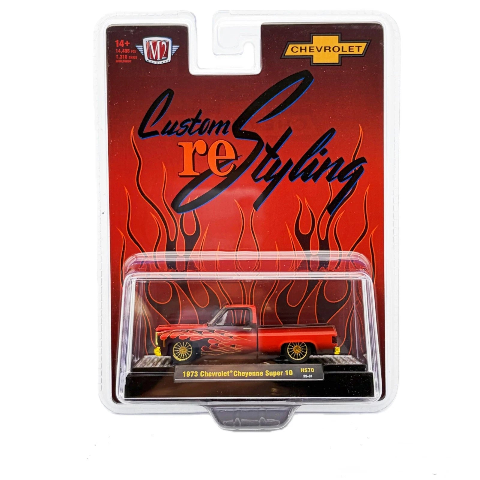 CHASE CARS-1973 Chevrolet Cheyenne Super 10 Custom Re Styling – Brown w/ Flames (M2 Machines CHASE-31500-HS70)