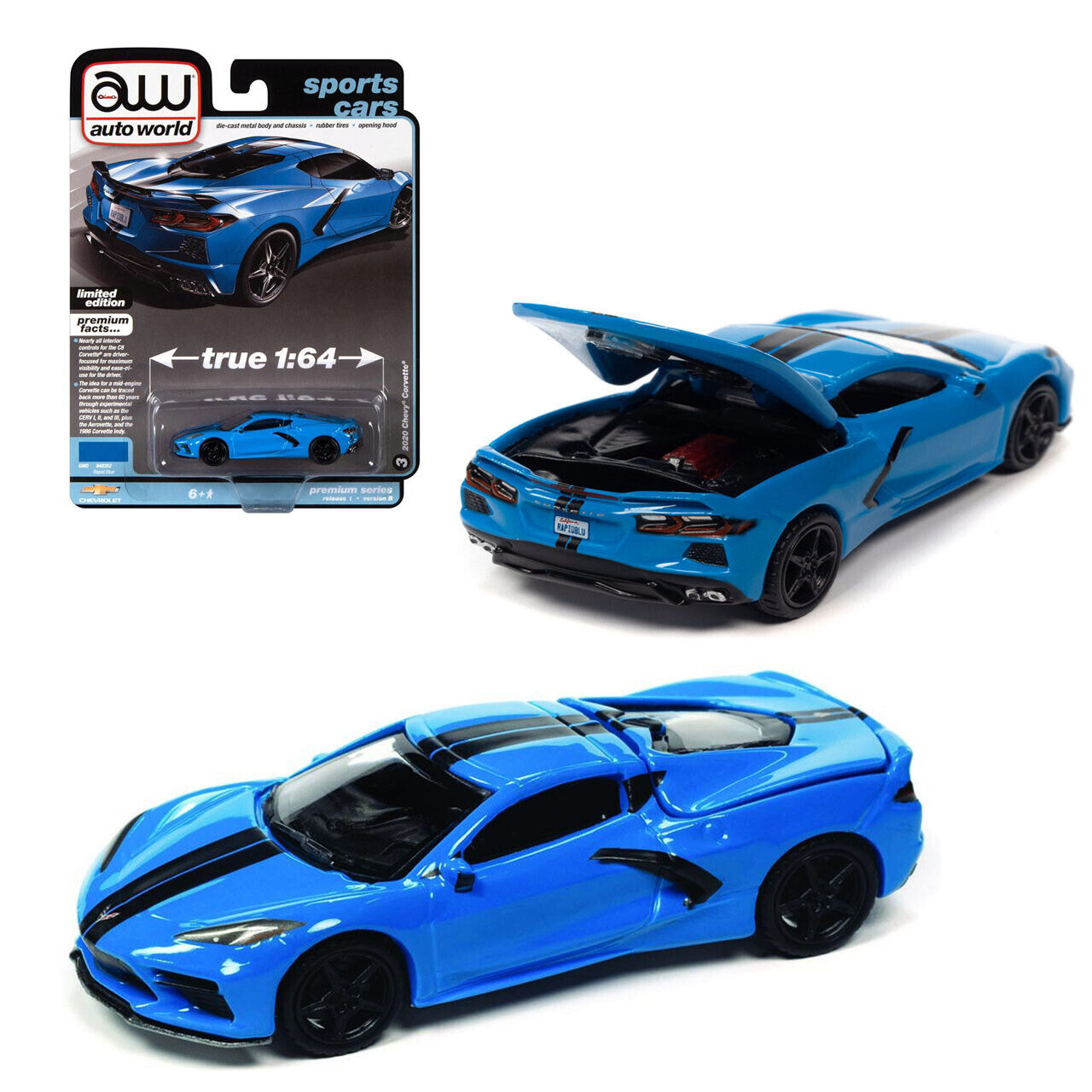 2020 C8 Chevrolet Corvette (Rapid Blue/with Black Stripe) 1:64