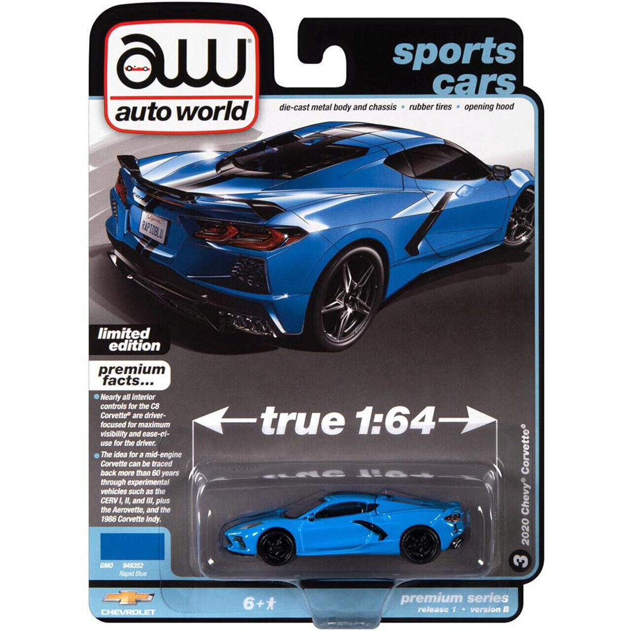 2020 C8 Chevrolet Corvette (Rapid Blue/with Black Stripe) 1:64