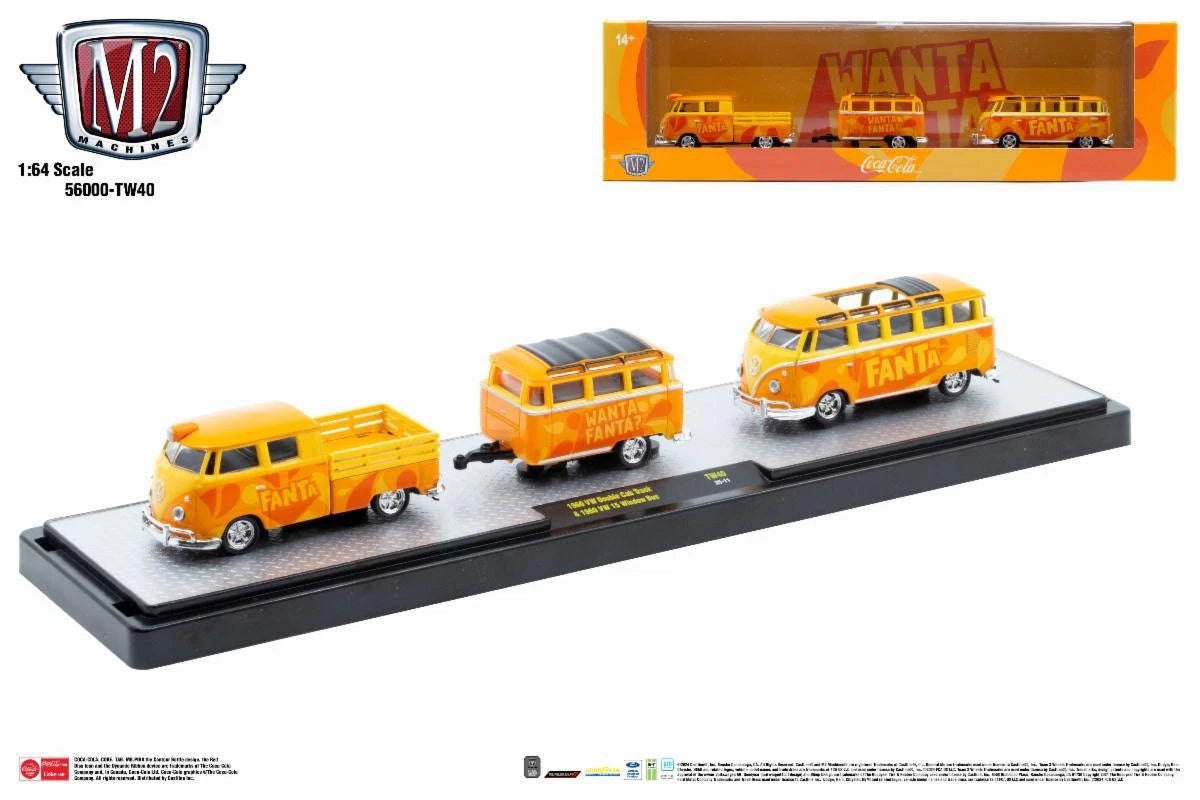 M2 Machines-1960 VW Double Cab Truck with 1960 VW 15-Window Bus - Fanta (56000-TW40C)